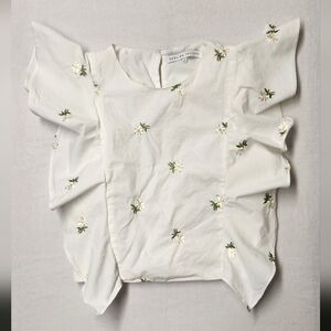 Womens White Embroidered Daisy Ruffle Sleeve Floral Top Parisian Chic - Sz S